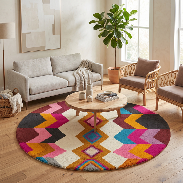 Round Moroccan wool rug with colorful diamond and chevron design handmade by artisans