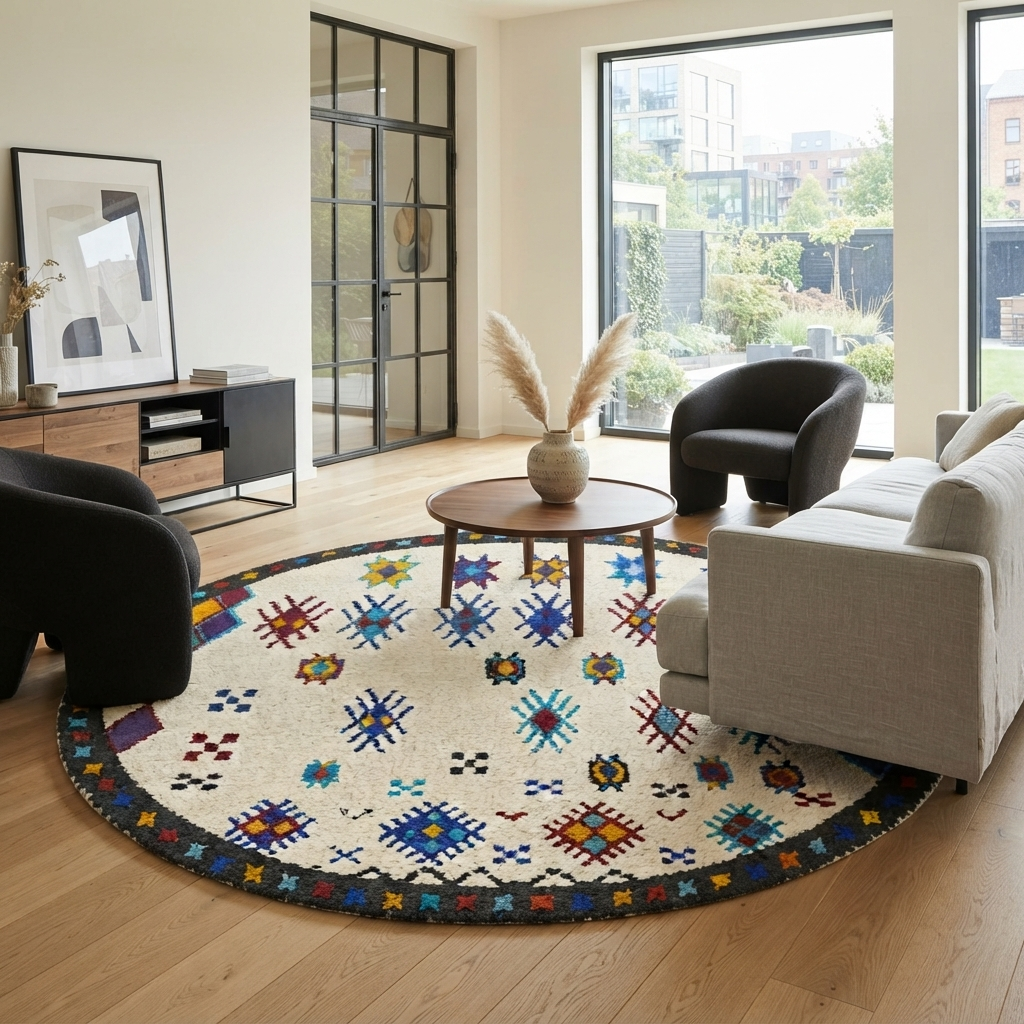 Round white Moroccan wool rug with colorful Berber tribal symbols and black border