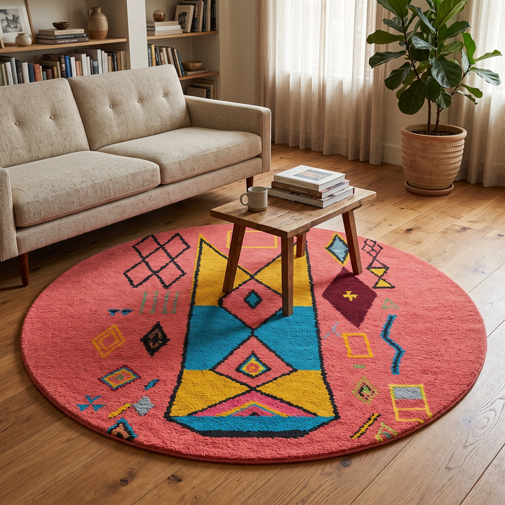 Round pink Moroccan rug with colorful geometric Berber motifs