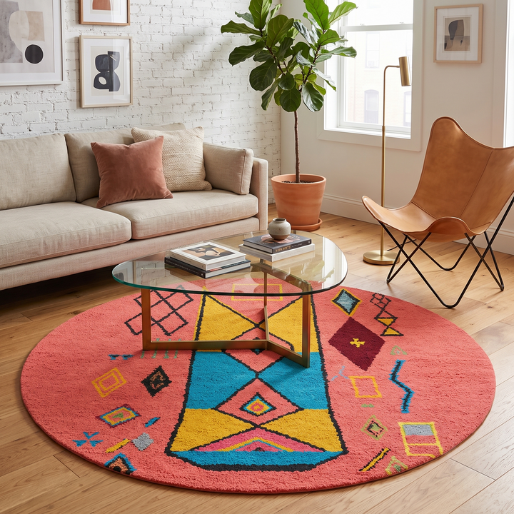 Round pink Moroccan rug with colorful geometric Berber motifs