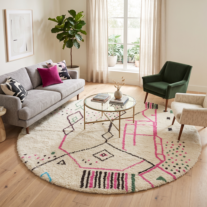 Round Moroccan wool rug with multicolor Berber geometric design handmade by artisans
