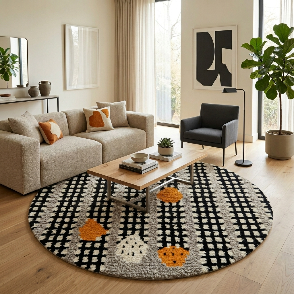 Round black and white Moroccan wool rug with abstract orange Berber motifs and textured grid pattern on white background