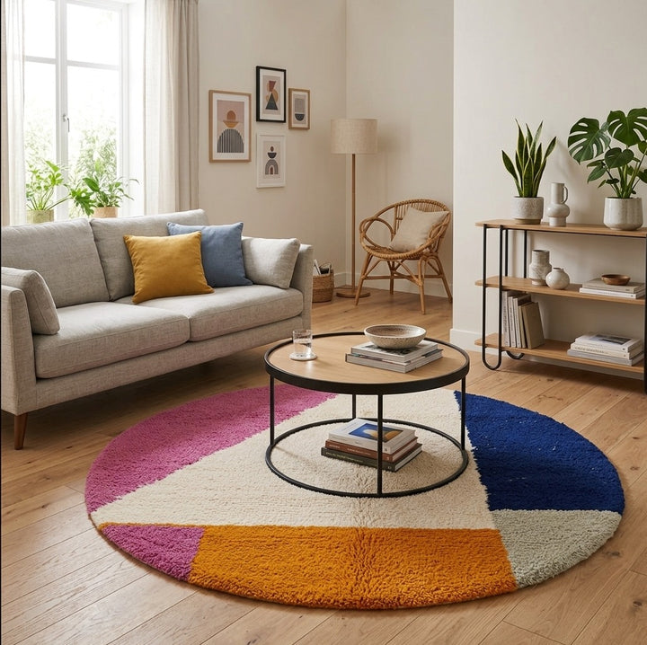Round colorful Moroccan wool rug with modern abstract design