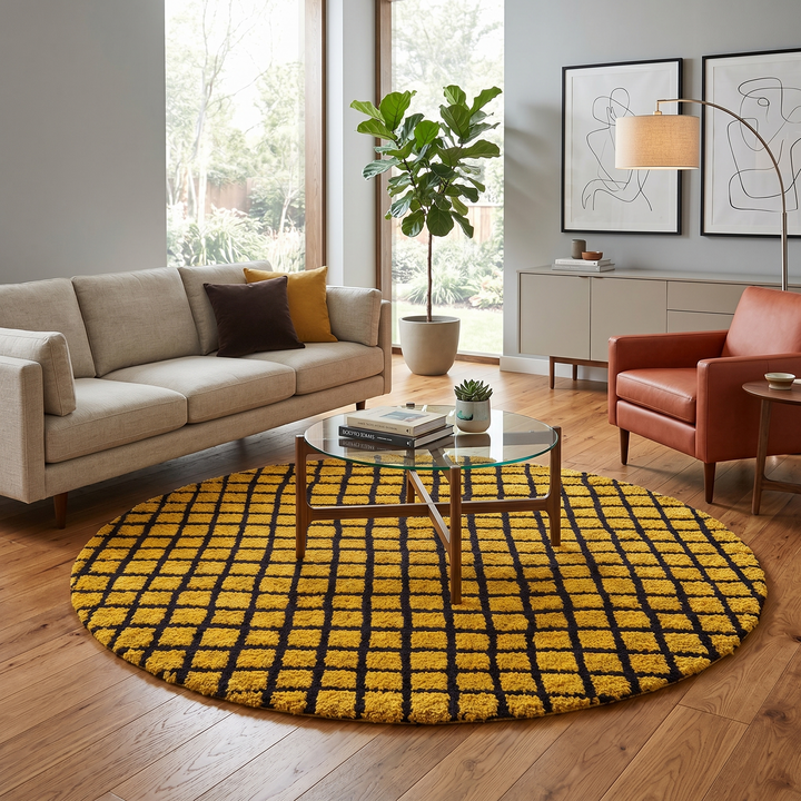 Round handmade Moroccan wool rug in mustard yellow with bold black grid pattern on white background