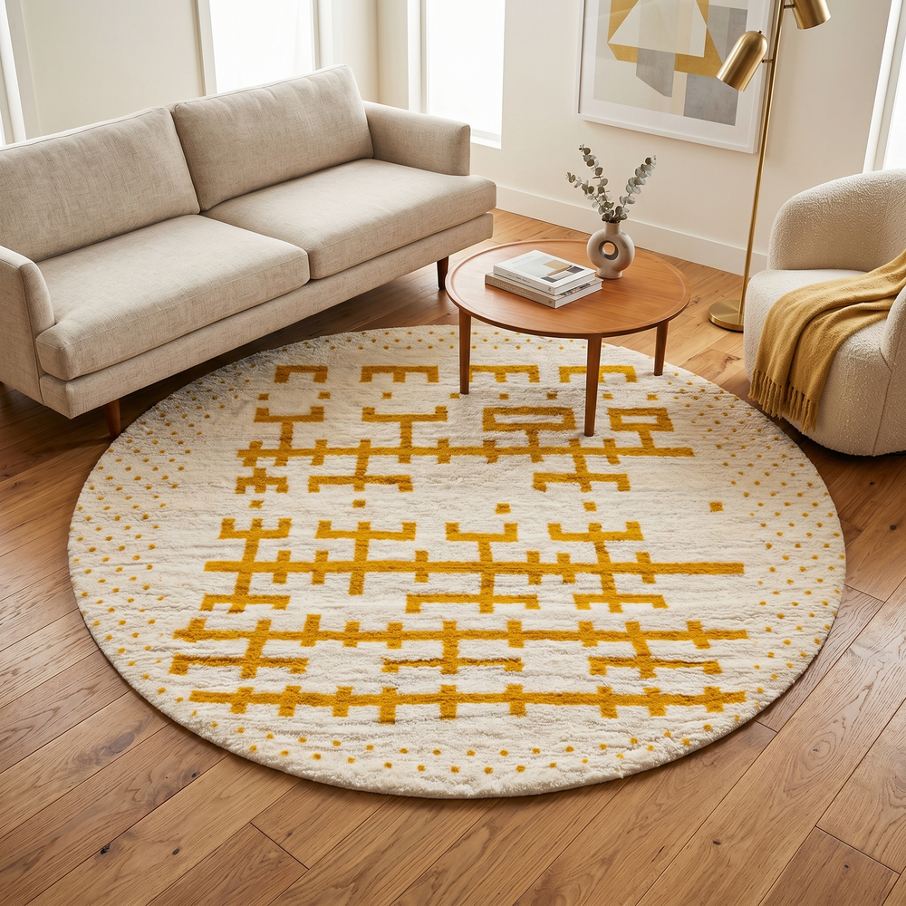 Round handmade Moroccan wool rug in white with mustard Berber pattern