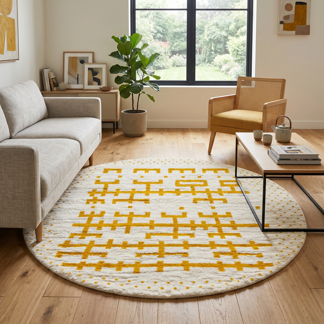 Round handmade Moroccan wool rug in white with mustard Berber pattern