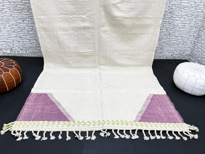 Handwoven Moroccan flatweave wool rug in sage green, lavender, and beige – geometric kilim Berber carpet