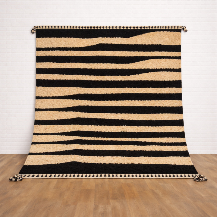 Striped Moroccan Wool Rug – Black and Beige Zebra Pattern