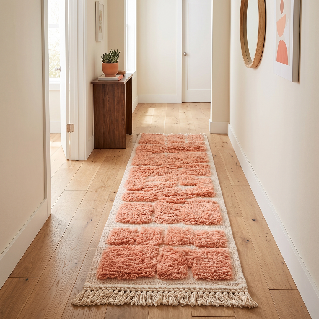 Textured peach Moroccan wool runner rug with raised Berber geometric blocks