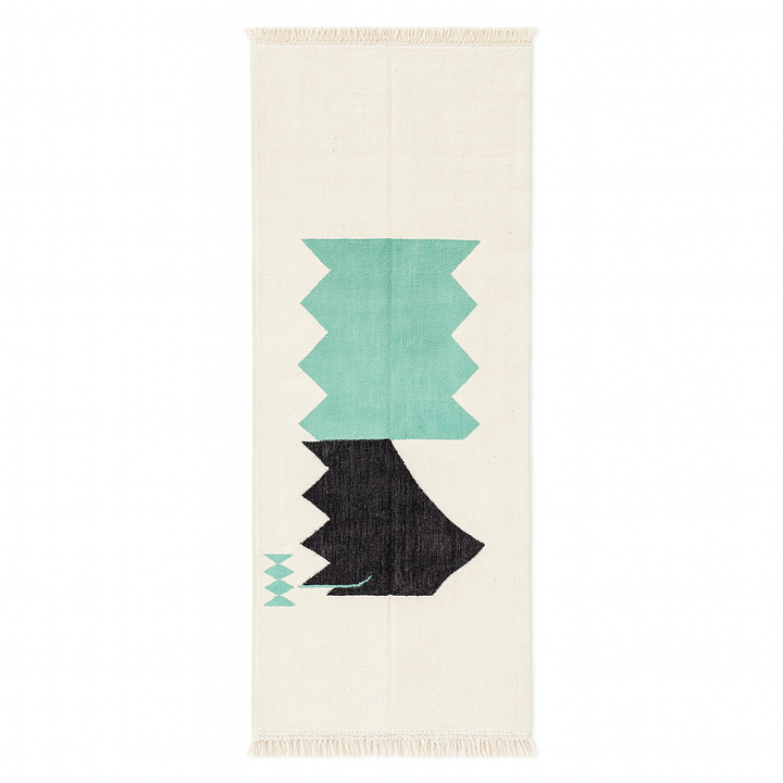 Turquoise and black Moroccan runner rug with abstract geometric pattern on ivory wool, handmade Berber design
