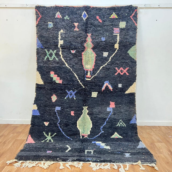 Vintage black Moroccan Berber rug with colorful tribal symbols 270x165 cm