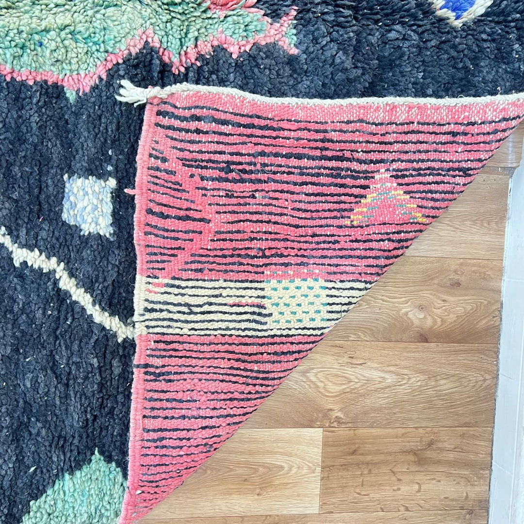 Vintage black Moroccan Berber rug with colorful tribal symbols 270x165 cm