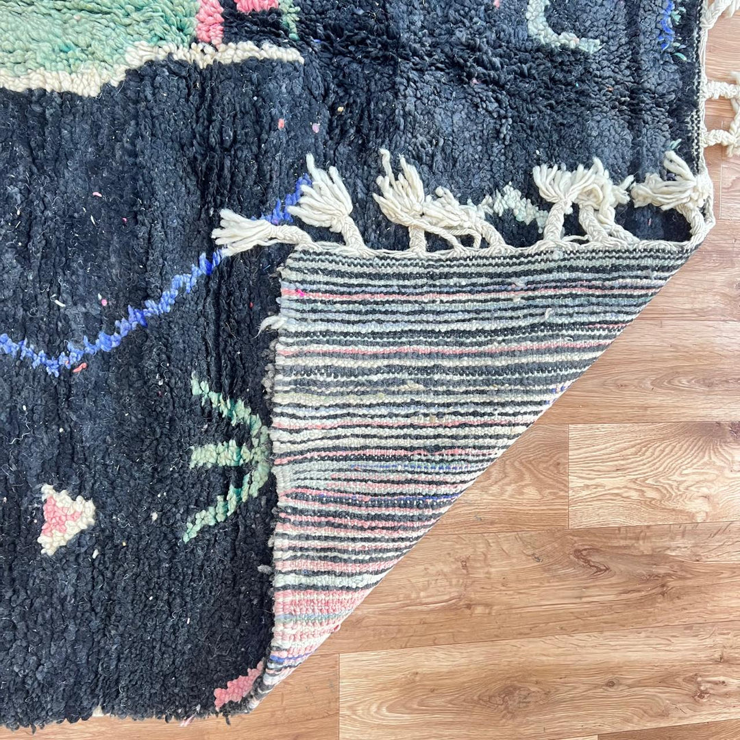 Vintage black Moroccan Berber rug with colorful tribal symbols 270x165 cm