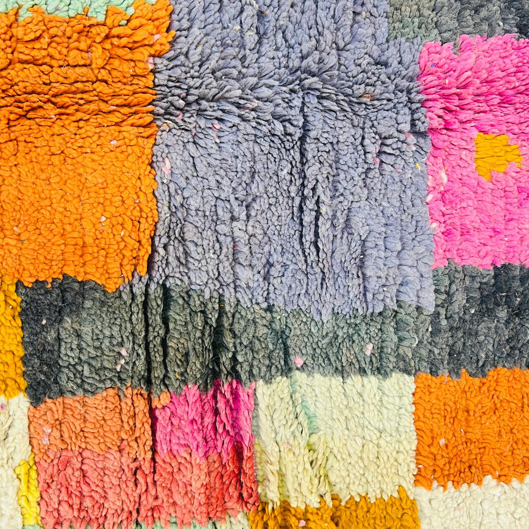 Vintage Moroccan wool rug with colorful abstract Berber geometric design, handmade in Morocco
