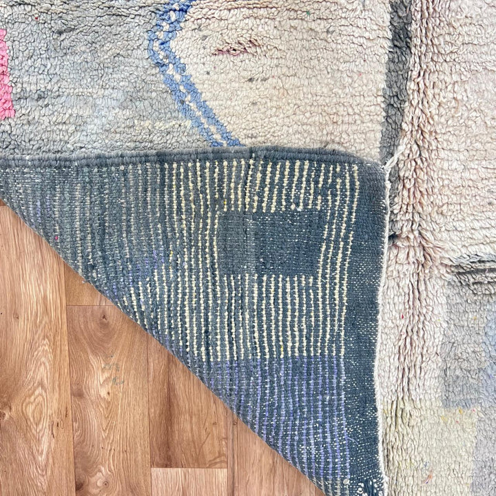 Vintage Moroccan wool rug with neutral geometric Berber design in gray, ivory, and muted blue