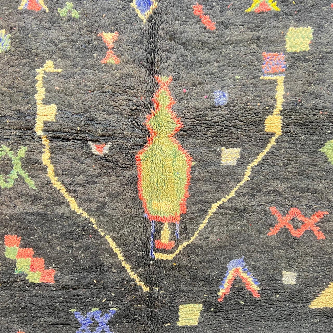 Vintage black Moroccan Berber rug with colorful tribal symbols 270x165 cm