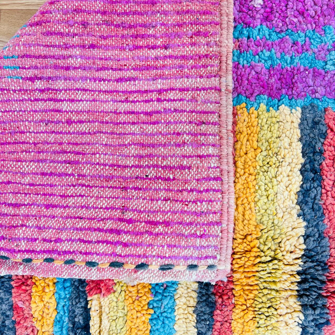 Vintage Moroccan wool rug with colorful abstract Berber pattern, handmade in Morocco