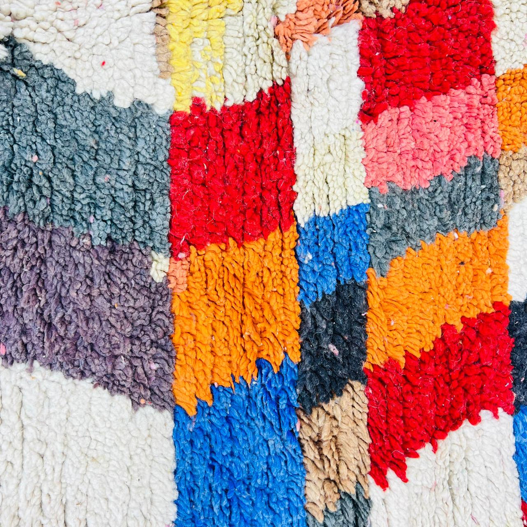 Vintage Moroccan wool rug with colorful abstract Berber geometric design, handmade in Morocco