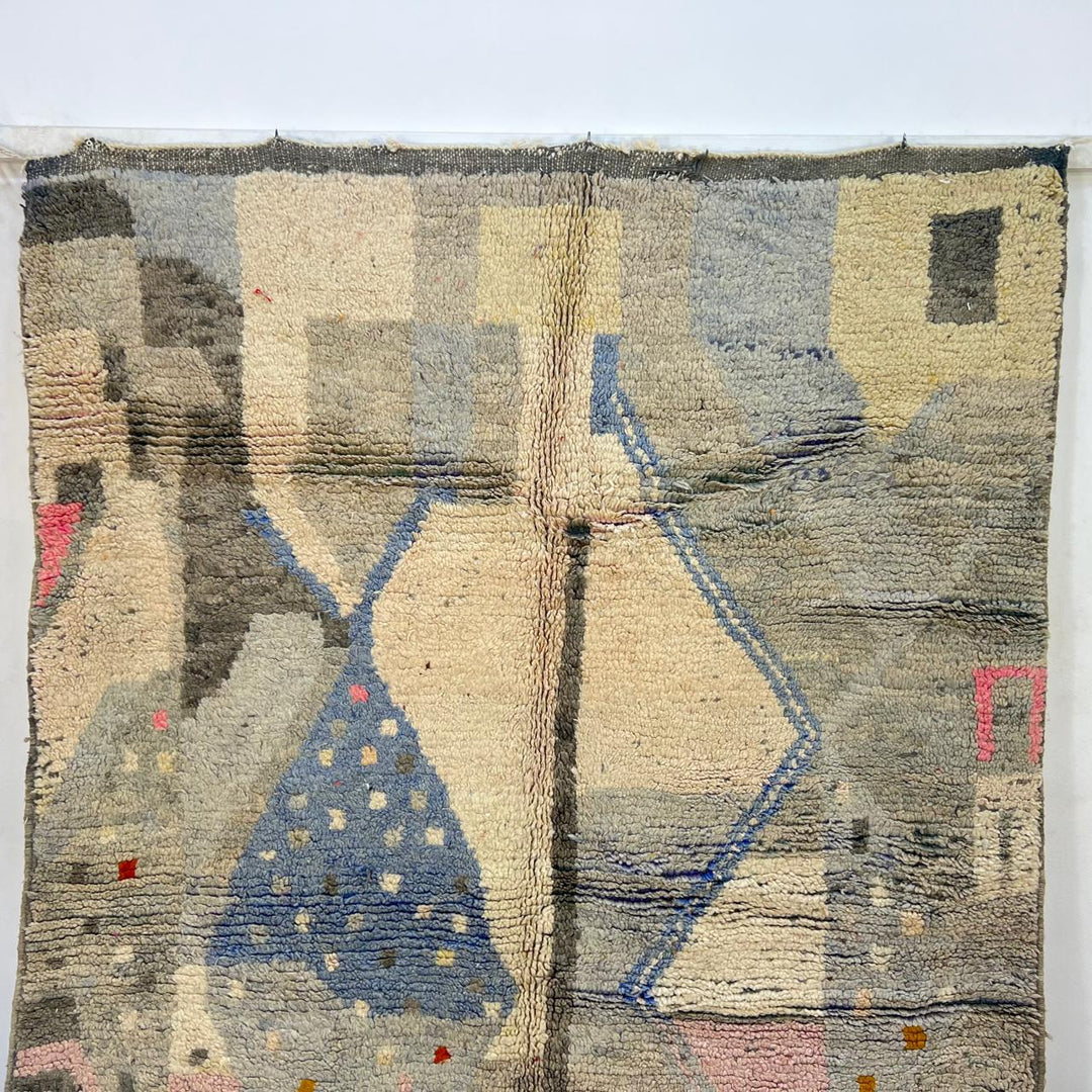 Vintage Moroccan wool rug with neutral geometric Berber design in gray, ivory, and muted blue
