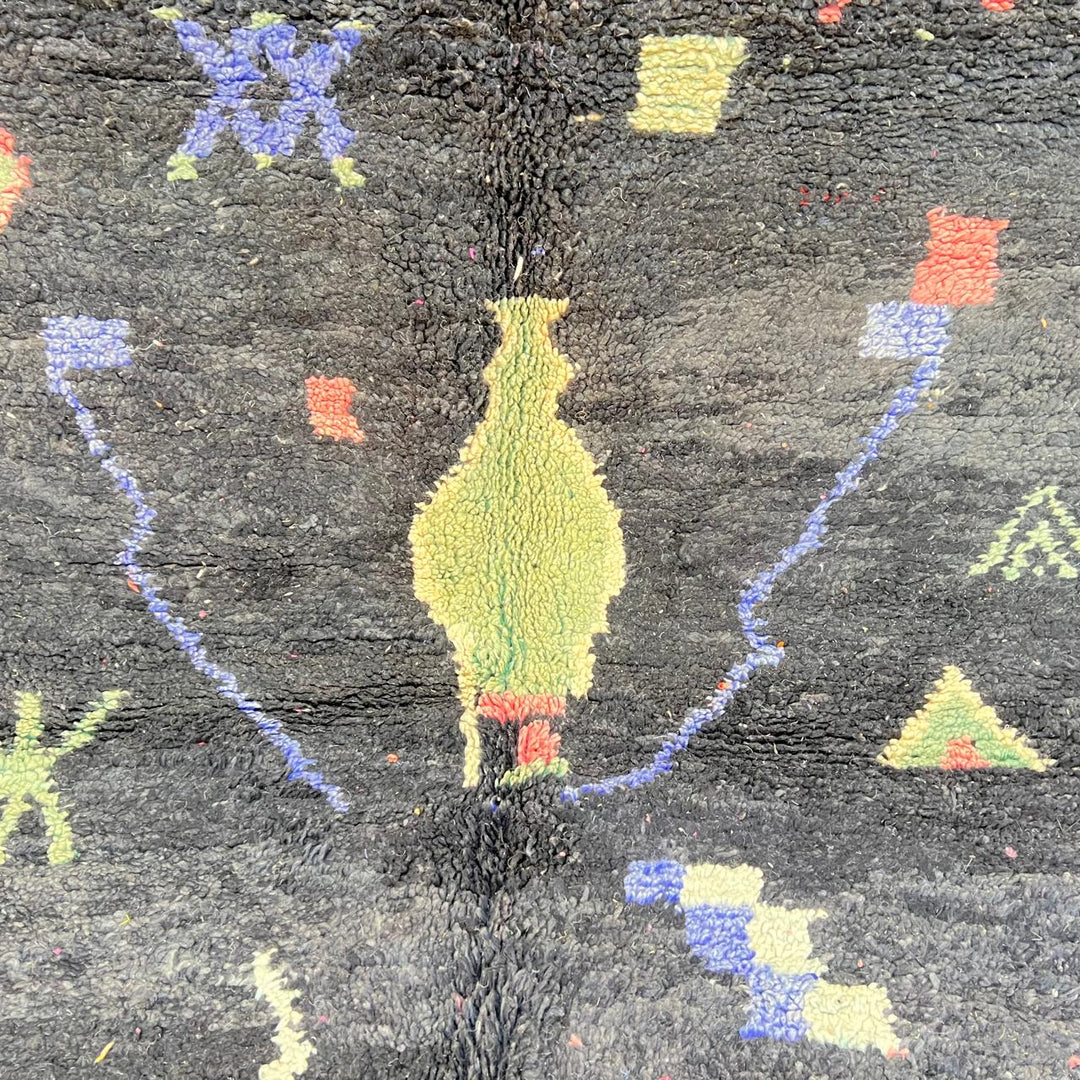 Vintage black Moroccan Berber rug with colorful tribal symbols 270x165 cm
