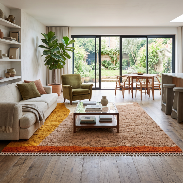 Handwoven Moroccan Beni Mrirt wool rug with an abstract geometric design in warm brown, beige, mustard yellow, and orange tones.