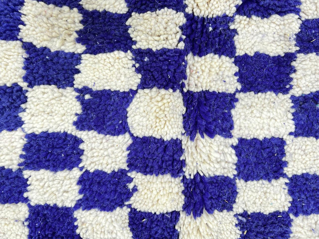 Blue and white checkered Moroccan wool rug, handmade by Berber artisans from 100% natural wool