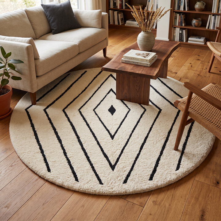 White Moroccan round rug with black diamond-line geometric pattern.