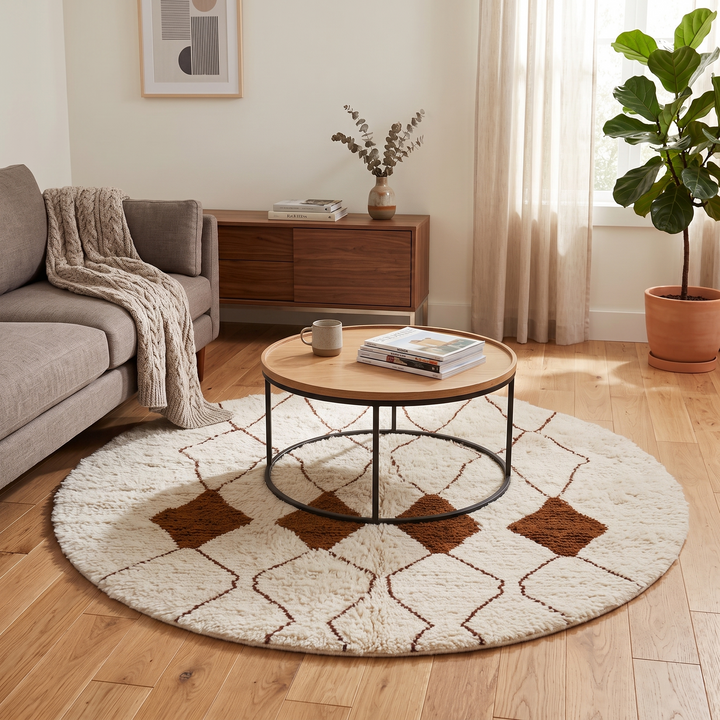 Handmade white Moroccan wool round rug with brown diamond geometric pattern