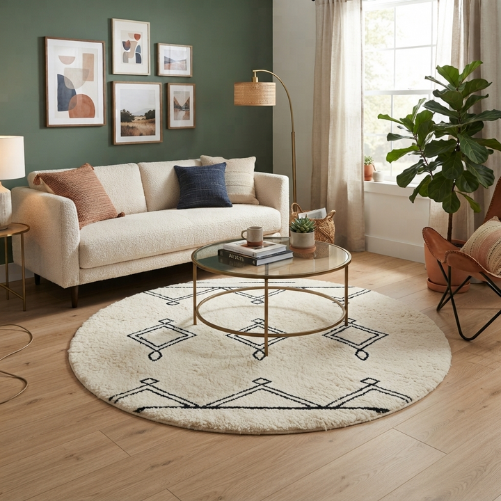 Round white Moroccan wool rug with black Berber diamond motifs in a minimalist design.