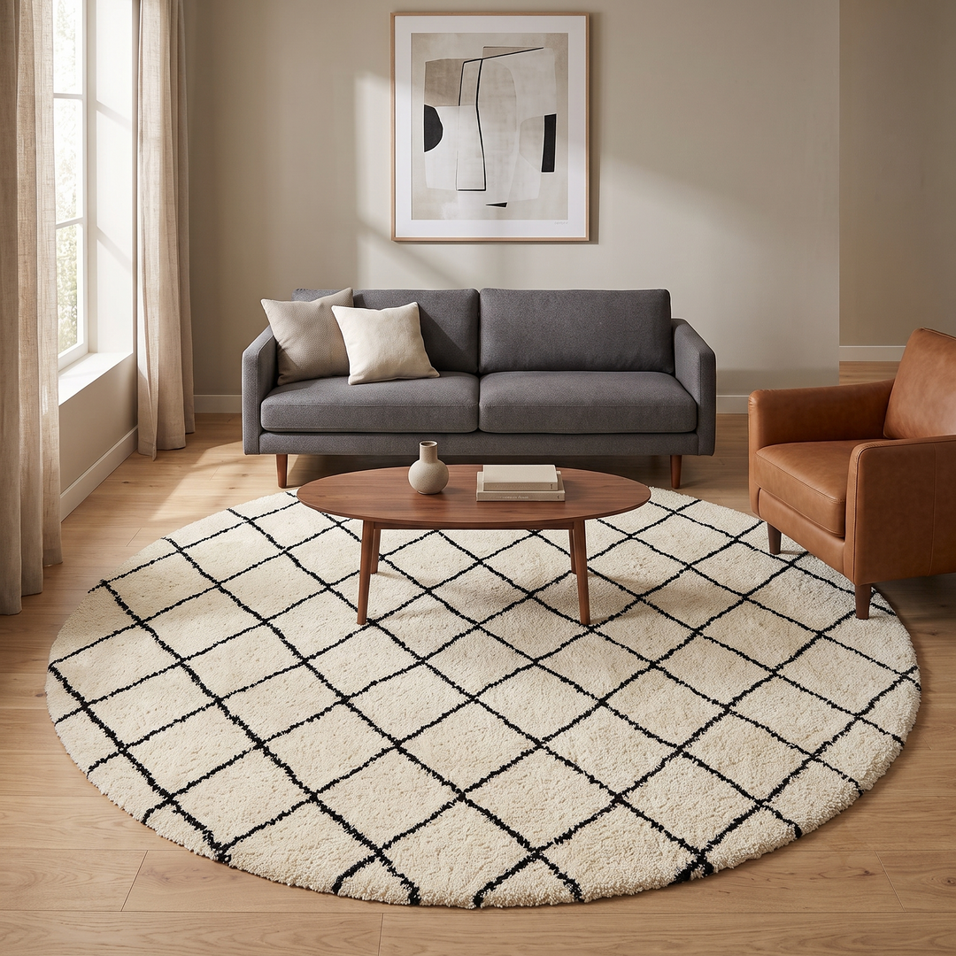 White round Moroccan wool rug with black diamond line pattern.