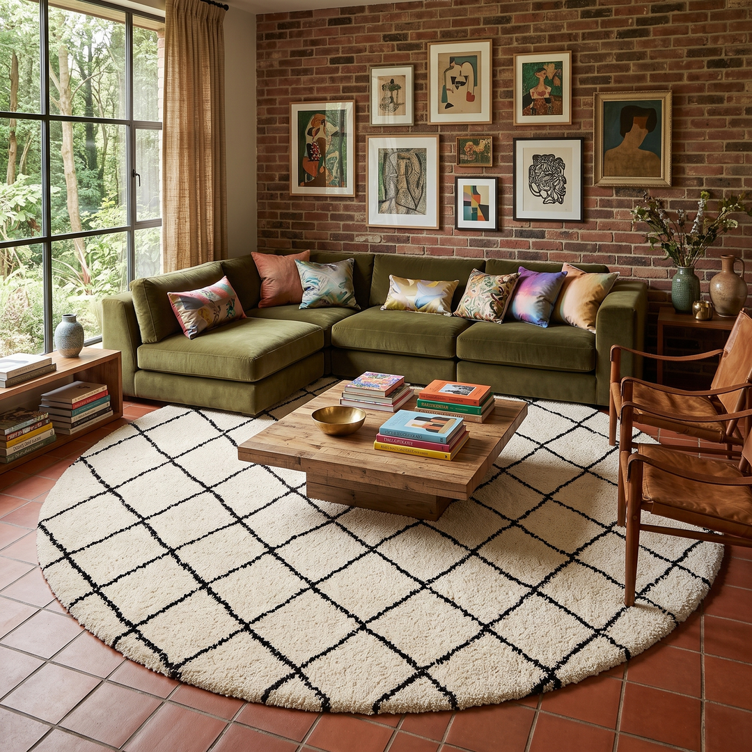 White round Moroccan wool rug with black diamond line pattern.