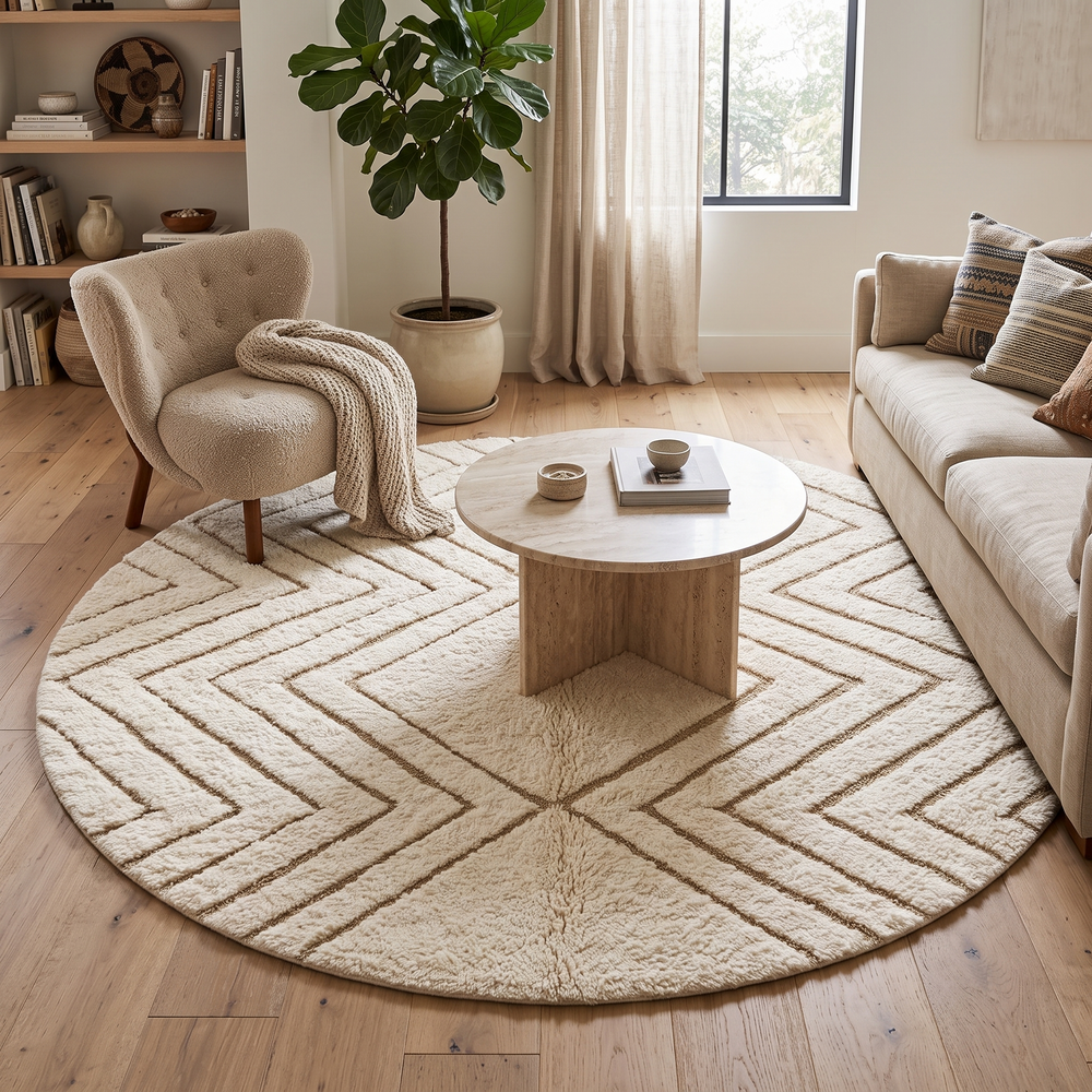 Round white Moroccan wool rug with carved geometric diamond and chevron patterns.