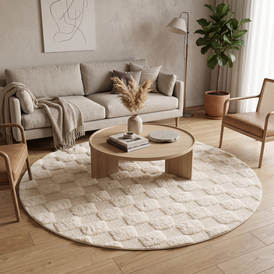 White Moroccan Wool Rug – Checkered Round Design