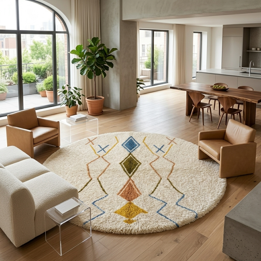 White Moroccan Wool Rug – Colorful Berber Round Style
