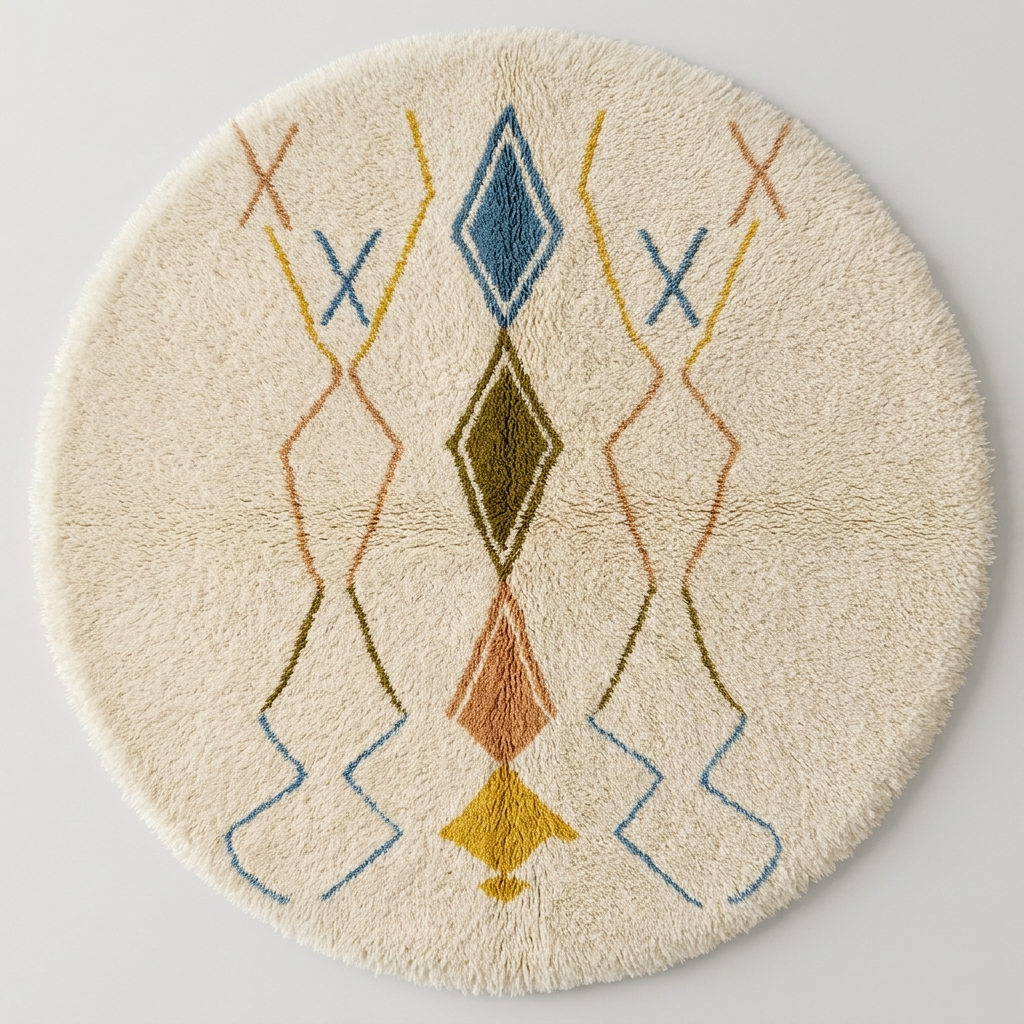 White round Moroccan wool rug with colorful Berber diamond and line motifs.