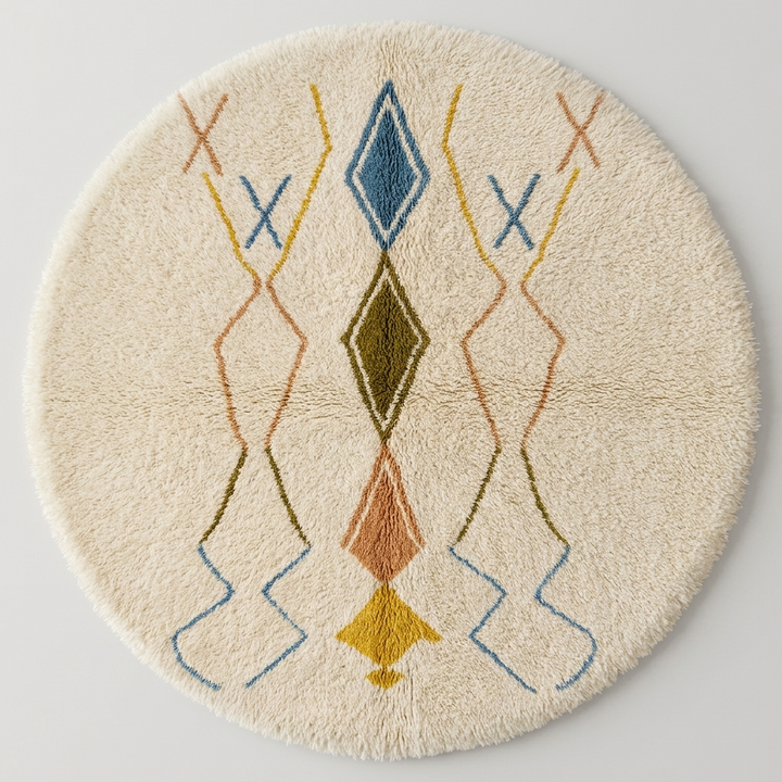 White round Moroccan wool rug with colorful Berber diamond and line motifs.