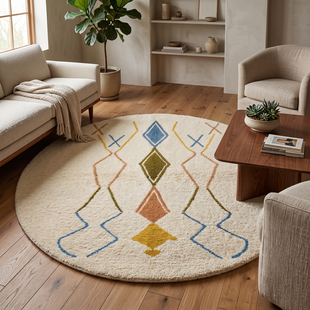 White round Moroccan wool rug with colorful Berber diamond and line motifs.