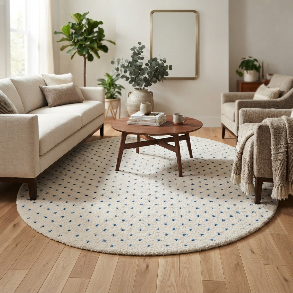 Round white Moroccan rug with small blue dotted pattern, handmade wool design