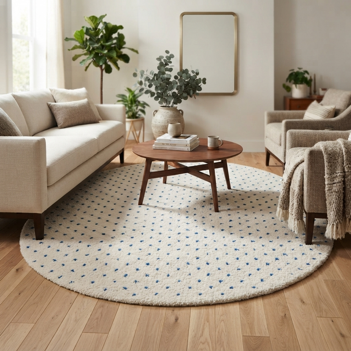 Round white Moroccan rug with small blue dotted pattern, handmade wool design