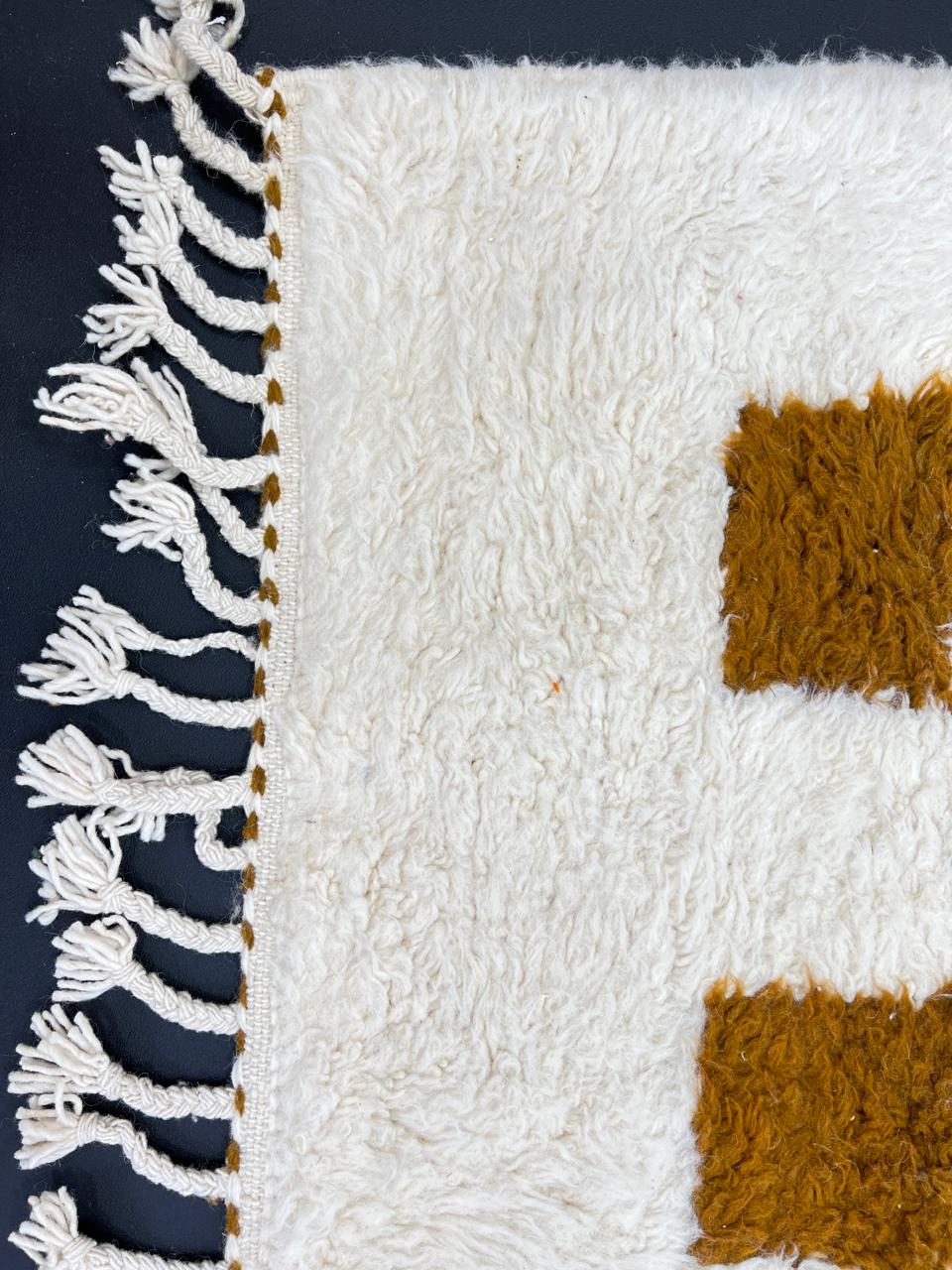White Moroccan wool runner rug with mustard square grid pattern