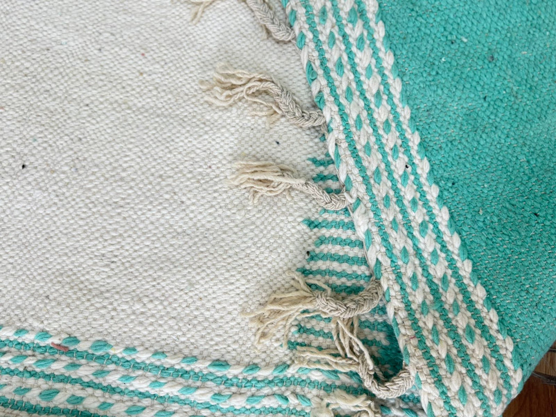Flatweave Moroccan Rug – Abstract Turquoise &amp; Pink Wool Carpet