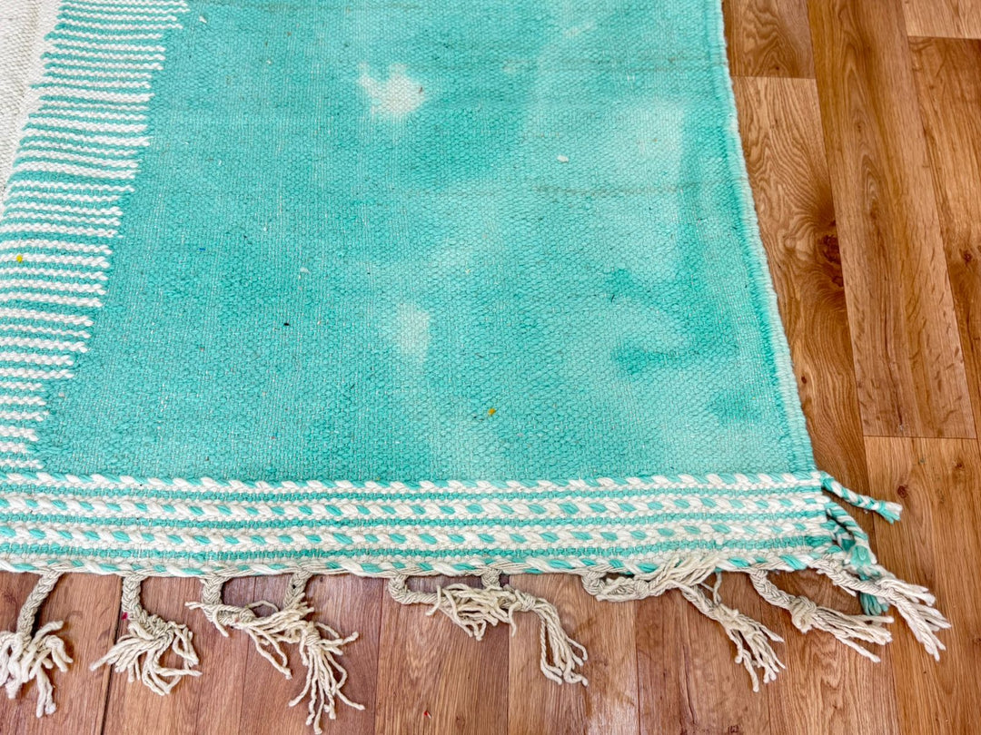 Flatweave Moroccan Rug – Abstract Turquoise &amp; Pink Wool Carpet