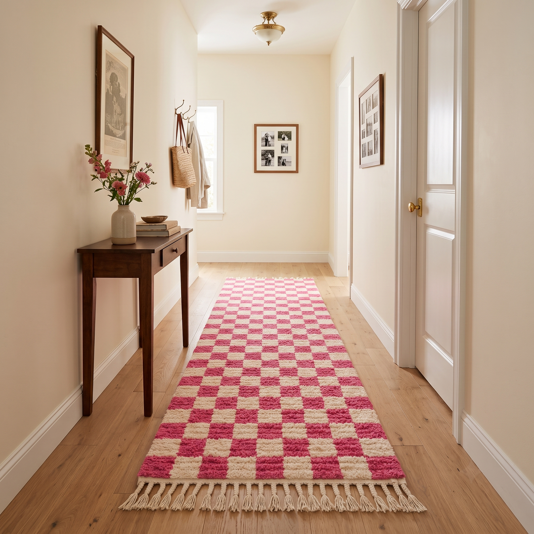 Pink and white checkered Moroccan wool runner rug with handmade Berber texture