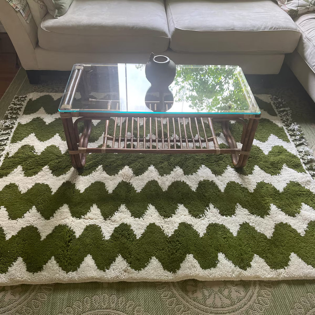 Green &amp; White Moroccan Wool Rug – Wavy Berber Design