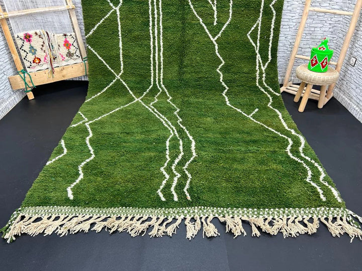 Green Moroccan Beni Mrirt Wool Rug with Geometric Patterns, Handmade Berber Carpet