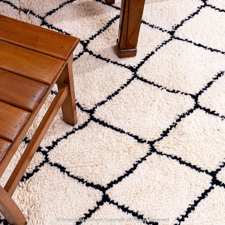 Handwoven Beni Ourain Moroccan rug in black and white wool with geometric diamond pattern