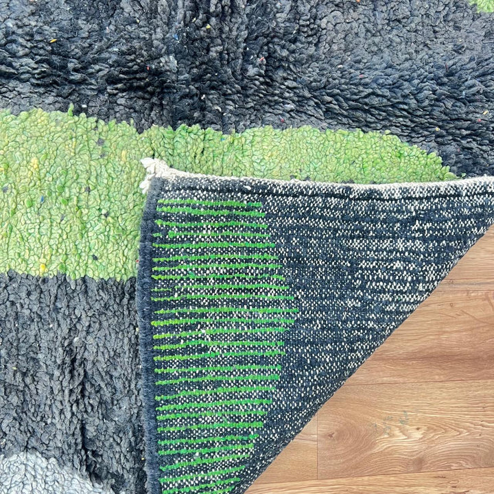 Vintage Moroccan Wool Rug – Modern Black &amp; Green Abstract Carpet 731