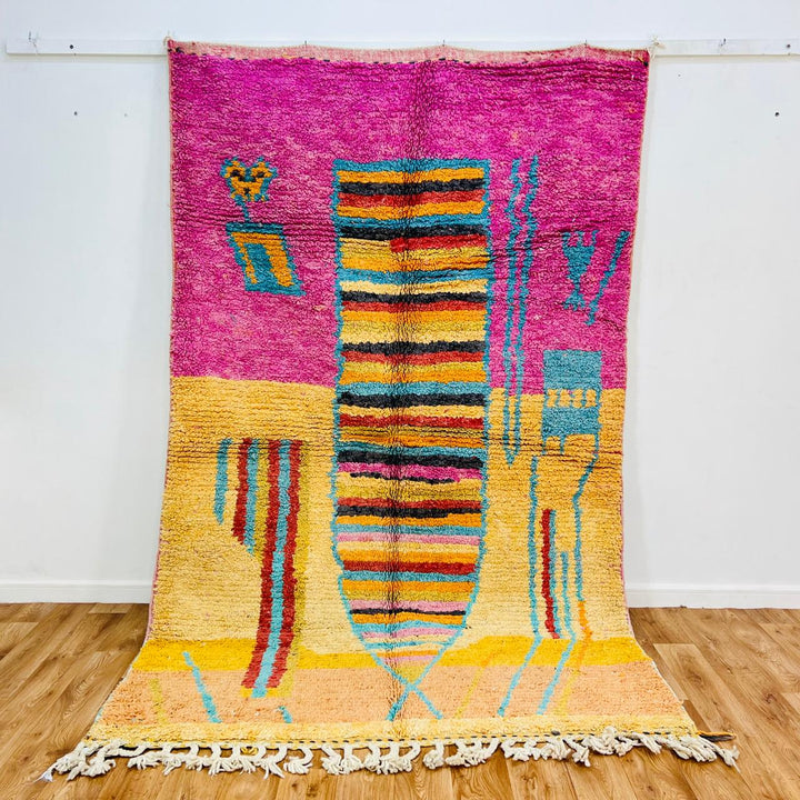 Vintage Moroccan Wool Rug – Pink &amp; Yellow Abstract Design 631