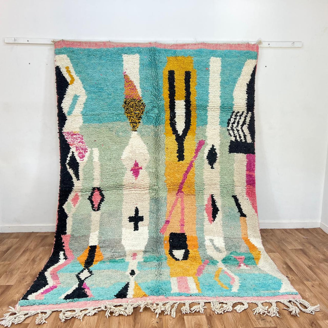 Vintage Moroccan Wool Rug – Turquoise &amp; Yellow Abstract Berber Carpet 857