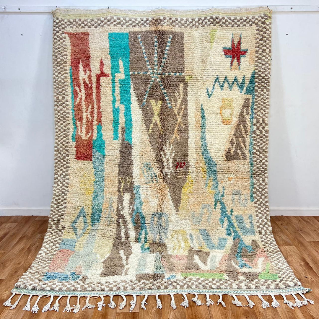 Vintage Moroccan Wool Rug – Neutral Beige &amp; Aqua Berber Carpet 915